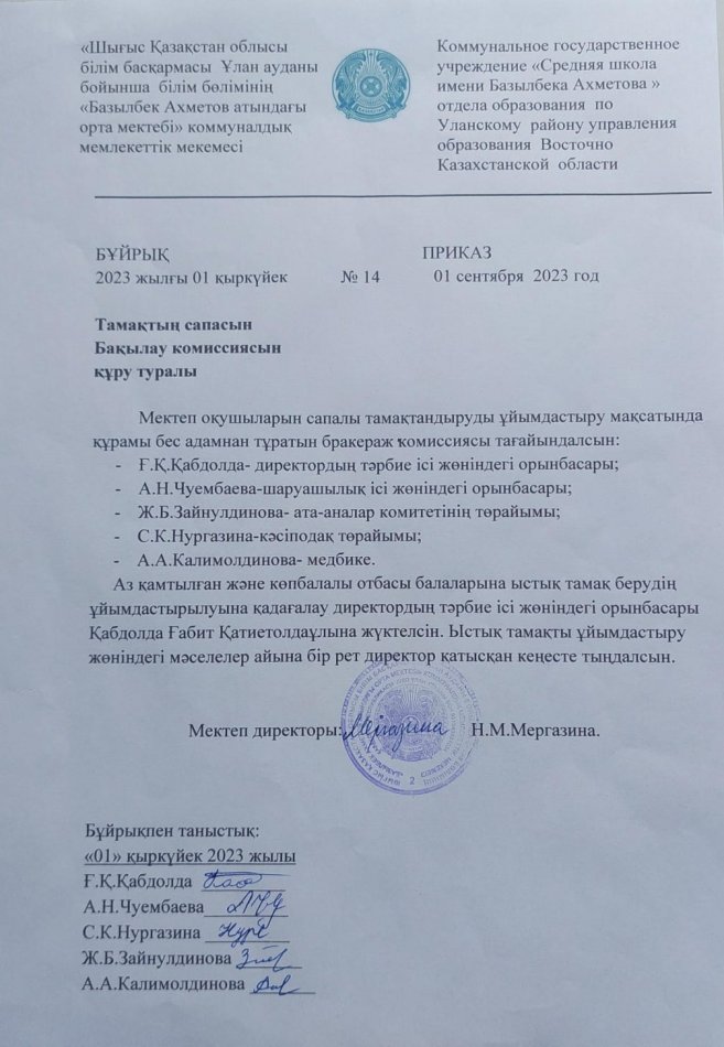 Тамақтың сапасын бақылау комиссиясын құру туралы