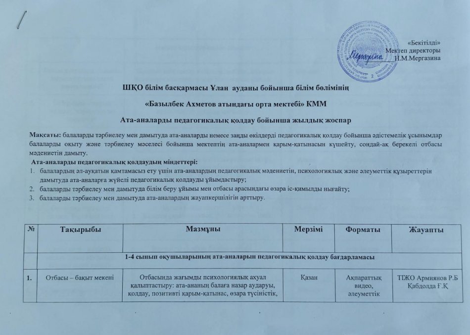 "Ата - аналарды педагогикалық орталығының қолдау бойынша жылдық жоспар