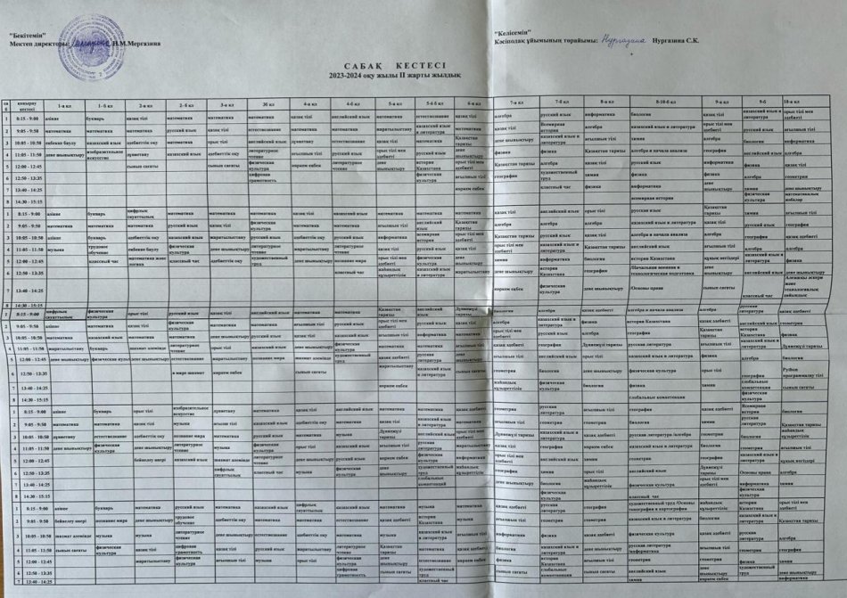 Сабақ кестесі 2023-2024 оқу жылы 2 жарты жылдық